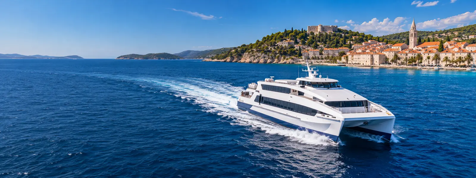 A modern passenger catamaran sailing toward Hvar, Croatia